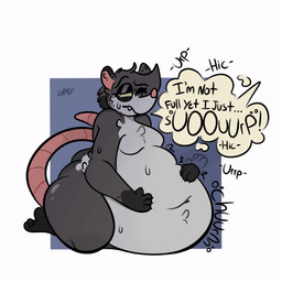 anthro belly belly_inflation belly_slap bloated bodily_fluids bodily_noises burping female hand_on_belly inflation overweight overweight_female slap slapping_own_belly slapping_self solo sweat text thick_thighs wide_hips springy_ness pine_(springy_ness) american_opossum mammal marsupial virginia_opossum 1:1 2025 absurd_res digital_media_(artwork) english_text hi_res