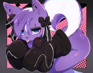 anthro bangs black_bow black_clothing black_hoodie black_nose black_topwear blep blue_eyes butt clothing ear_piercing electronics female fur hair headphones headphones_around_neck hoodie markings piercing pink_tongue purple_body purple_fur purple_hair solo tail tongue tongue_out topwear two_tone_tail white_markings vallshad aggretsuko sanrio shikabane_(aggretsuko) mammal mephitid skunk 2026 colored digital_drawing_(artwork) digital_media_(artwork) hi_res shaded