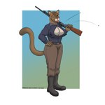 anthro belt blue_clothing breasts brown_body brown_clothing brown_fur button_(fastener) button_pop cleavage clothed clothing dipstick_ears dipstick_tail dress_shirt ear_markings erect_nipples female fur gradient_background green_eyes gun gun_on_shoulder hand_on_hip looking_at_viewer markings multicolored_ears nipple_outline nipples one_eye_closed ranged_weapon shirt shotgun simple_background solo straining_buttons tail tail_markings tan_body tan_fur tongue tongue_out topwear wardrobe_malfunction weapon winchester_1897 wink panzerschreckleopard carol_shepherd cougar felid feline mammal 1:1 2023 absurd_res colored hi_res