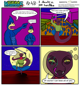 anthro bottomwear clothing cochlear_implant_processor crossed_legs deaf denim denim_bottomwear denim_clothing dialogue female group jeans katana male melee_weapon moon pants rooftop sword text town weapon baristagamerproductions ada_(gem_hunters) ape gorilla haplorhine mammal primate reptile scalie snake absurd_res comic english_text hi_res