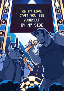 anthro belly big_belly clothed clothing duo_focus electronics group holding_microphone holding_object male male_anthro microphone obese obese_anthro obese_male overweight overweight_anthro overweight_male singing standing text chocolateandmilk richard_(chocolateandmilk) canid canine canis domestic_dog human mammal 2022 absurd_res dated english_text hi_res restricted_palette signature