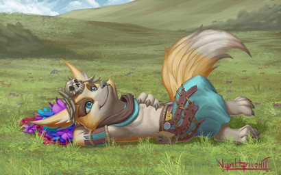 anthro barefoot blue_eyes brown_body brown_fur claws clothing cloud day feet fur grass looking_up lying male on_back outside plant shirt smile solo tail topwear vanharmontt blizzard_entertainment warcraft canid mammal vulpera 2022 absurd_res digital_media_(artwork) hi_res