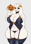 2_horns accessory anthro belly big_breasts bow_ribbon breasts choker claws clothed clothed_anthro clothed_female clothing curvy_figure eyelashes female finger_claws fingers floppy_ears front_view fur hair_accessory hair_bow hair_ribbon holding_jack-o'-lantern holding_object holding_pumpkin holidays horn huge_thighs jack-o'-lantern jewelry legwear lingerie lop_ears mature_anthro mature_female navel necklace open_mouth orange_bow ribbons simple_background slightly_chubby slightly_chubby_anthro slightly_chubby_female solo thick_thighs thigh_highs white_body white_ears white_fur white_horn wide_hipped_anthro wide_hipped_female wide_hips wrinkles gatoradeew halloween undertale undertale_(series) toriel boss_monster_(undertale) bovid caprine goat mammal 2024 absurd_res digital_drawing_(artwork) digital_media_(artwork) hi_res portrait three-quarter_portrait