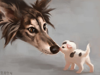 ambiguous_gender black_body black_fur black_nose brown_eyes duo feral fluffy_ears fur grey_body grey_fur grey_spots markings multicolored_body multicolored_fur neonate nose_to_nose quadruped short_fur size_difference spots two_tone_body two_tone_fur whisker_spots white_body white_fur white_markings young alexpahomov canid canine canis domestic_cat domestic_dog felid feline felis hunting_dog mammal sighthound silken_windhound 2024 4:3 digital_media_(artwork) digital_painting_(artwork) painting_(artwork)