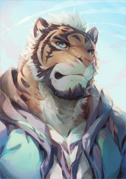 anthro barazoku beard blue_eyes clothed clothing facial_hair fur hoodie looking_at_viewer male solo striped_body striped_fur stripes topwear null-ghost null-ghost_(character) felid mammal pantherine tiger 2015 bust_portrait portrait unavailable_at_source