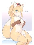 2022 3:4 anthro blonde_hair blue_eyes blush breasts canid canine chest_tuft chloe_(wkar) clothed clothing covering covering_breasts digital_media_(artwork) dipstick_ears dipstick_tail embarrassed eyelashes female female_anthro fox fur gloves_(marking) hair hat headgear headwear hi_res kemono leg_markings looking_at_viewer mammal markings mostly_nude mostly_nude_anthro mostly_nude_female multicolored_body multicolored_ears multicolored_fur partially_clothed ponytail socks_(marking) solo tail tail_markings tuft underwear underwear_down wkar yellow_body yellow_fur