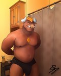 anthro bathroom body_hair brown_body chest_hair facial_piercing horn male muscular muscular_anthro muscular_male nose_piercing nose_ring piercing ring_piercing sharp_teeth slightly_chubby slightly_chubby_male solo teeth sybervenn bovid bovine cattle mammal 4:5 absurd_res digital_media_(artwork) hi_res