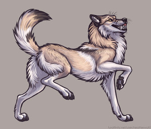 ambiguous_feral ambiguous_gender black_nose black_pawpads cheek_tuft chest_tuft claws digitigrade facial_tuft fangs feral finger_claws fur glistening glistening_eyes grin leg_tuft looking_at_viewer neck_tuft pawpads quadruped side_view smile solo tail tan_body tan_fur tan_tail teeth text tuft whiskers white_body white_fur white_tail yellow_eyes heatherwolf marleau canid canine canis mammal wolf hi_res url