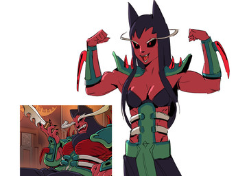 anthro black_nose black_sclera breasts cleavage clothed clothing crossgender female flexing flexing_bicep flexing_both_biceps front_view fur mtf_crossgender open_mouth red_body red_eyes red_fur shoulder_pads simple_background small_breasts solo white_background austinarts4 nine_sols red_candle_games jiequan_(nine_sols) felid feline mammal solarian reference_image