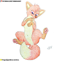 3_toes feet female feral foot_fetish fur legs_up looking_at_viewer patreon_logo patreon_username pawpads paws red_body red_fur smile smiling_at_viewer solo spread_legs spreading text toes tex yordraw jungledyret_hugo patreon rita_(jungledyret) canid canine fox mammal red_fox true_fox 1:1 hi_res traditional_media_(artwork) url