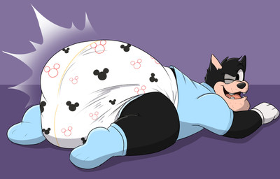 anthro diaper feces lying male on_front pooping rear_view soiled_diaper soiling soiling_diaper solo unclean_diaper used_diaper using_diaper wetness_indicator baltnwolf huggies pete_(disney) domestic_cat felid feline felis mammal absurd_res hi_res
