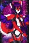 abstract_background anthro black_nose breasts clothed clothing collar female fur garter_straps green_eyes hair legwear looking_at_viewer membrane_(anatomy) membranous_wings multicolored_body multicolored_fur navel purple_hair red_body red_fur red_tail sharp_teeth smile solo stockings tail teeth two_tone_body two_tone_fur white_body white_fur white_tail wide_hips wings priincessu deminia_(darksword-wolf) canid canine fox hybrid mammal 2015 digital_media_(artwork) hi_res