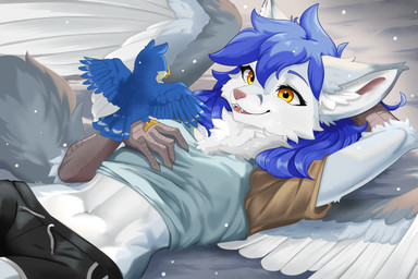 abs ambiguous_gender anthro arm_tuft avian_feet back_wings beak black_bottomwear black_clothing black_shorts blue_body blue_feathers blue_hair bottomwear breasts brown_clothing brown_topwear claws clothing countershading duo elbow_tuft facial_tuft feathers female feral finger_claws forearms fur grey_body grey_clothing grey_fur grey_topwear hair inner_ear_fluff lying navel neck_tuft on_back pink_nose scaled_forearms scales shorts small_breasts smile smiling_at_another snow snowing tail tail_feathers topwear tuft white_body white_fur wings yellow_eyes taiyokami gabriel_serealia north_(gabriel_serealia) avian canid canine enfield hybrid mammal 3:2 absurd_res hi_res