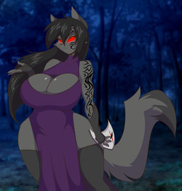 anthro big_breasts breasts cleavage clothed clothing dark dress female fingerless_gloves gloves hair handwear legwear long_hair mask red_eyes solo stockings tattoo mastergodai domestic_cat felid feline felis mammal hi_res