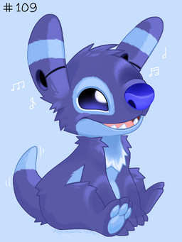 3_toes ambiguous_gender blue_background blue_body blue_fur blue_nose blue_pawpads chest_tuft dipstick_tail feet fur head_tuft markings motion_lines multicolored_body multicolored_fur musical_note musical_symbol open_mouth open_smile pawpads pink_tongue purple_body purple_eyes purple_fur sharp_teeth simple_background sitting smile solo symbol tail tail_markings tail_motion tailwag teeth text toes tongue tuft two_tone_body two_tone_fur unusual_ears psychedelic-lemur disney lilo_and_stitch fan_character sounder_(sketch-lampoon) alien experiment_(lilo_and_stitch) 3:4 artist_name signature