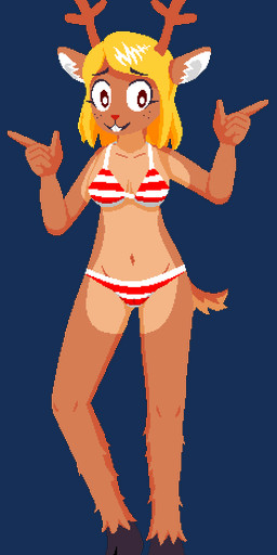 anthro antlers blonde_hair breasts brown_body brown_eyes brown_fur cleavage clothed clothing female freckles fur hair hooves horn looking_at_viewer medium_breasts navel simple_background smile solo tail transparent_background frigadae deltarune undertale_(series) noelle_holiday deer mammal new_world_deer reindeer 2018 alpha_channel digital_media_(artwork) full-length_portrait pixel_(artwork) portrait