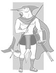 5_toes anthro athletic bottomwear cape clothing feet footwear holding_object holding_weapon javelin javelineer loincloth looking_at_viewer male navel nipples plantigrade round_shield sandals shield shoes solo standing toes weapon snarkysardine billfish blue_marlin fish istiophoriform marine marlin 2021 absurd_res aliasing digital_media_(artwork) full-length_portrait greyscale hi_res monochrome portrait