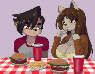 anthro anthro_on_anthro big_breasts black_hair black_inner_ear black_nose blush breasts brown_body brown_clothing brown_fur brown_hair brown_jacket brown_topwear burger claws cleavage clothed clothing container cup disposable_cup drinking_straw female finger_claws food fries fur green_eyes grey_background grey_body grey_clothing grey_fur grey_shirt grey_topwear hair half-closed_eyes jacket looking_at_another looking_at_breasts male male/female narrowed_eyes orange_eyes pupils purple_claws red_clothing red_shirt red_topwear shirt simple_background smile tan_body tan_fur topwear yellow_clothing yellow_shirt yellow_topwear mr-shin riley_(character) shin_(mr-shin) canid canine canis mammal mustelid otter river_otter wolf 2025 hi_res meme