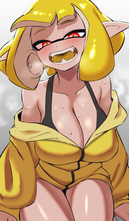 big_breasts blush bodily_fluids breasts cleavage clothed clothing facial_markings female head_markings jacket markings mask_(marking) pointy_ears pseudo_hair solo sweat tentacle_hair tentacles topwear nobunagapero nintendo splatoon agent_4_(splatoon) inkling_girl surume_(splatoon) animal_humanoid aquatic aquatic_humanoid cephalopod cephalopod_humanoid humanoid inkling mollusk mollusk_humanoid hi_res