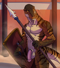 anthro balls erection genitals gladiator glans holding_object holding_weapon humanoid_genitalia humanoid_penis male melee_weapon muscular muscular_male nude penis pink_penis polearm shield solo spear upside_down_penis warrior weapon white_balls vrobei dinosaur prehistoric_species reptile scalie theropod tyrannosaurid tyrannosauroid tyrannosaurus tyrannosaurus_rex 2021 hi_res