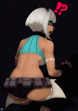 bag blue_eyes blush bob_cut bottomwear breasts butt clothing collar dark_body dark_skin exclamation_point female fingerless_gloves gloves hair halter_top handwear hotpants interrobang looking_back open_mouth question_mark rear_view scar shorts solo under_boob white_hair パグ山 skullgirls nadia_fortune animal_humanoid cat_humanoid felid felid_humanoid feline feline_humanoid humanoid mammal mammal_humanoid absurd_res hi_res