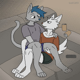 anthro blue_hair blue_nose clothing duo erect_nipples exercise fur furniture hair hand_on_leg licking male male/male nipple_fetish nipple_lick nipple_outline nipple_play nipple_suck nipples paws sit-up sofa sucking tongue white_body white_fur badcanis canid canine felid feline mammal 1:1 animated digital_media_(artwork) pixel_(artwork) pixel_animation