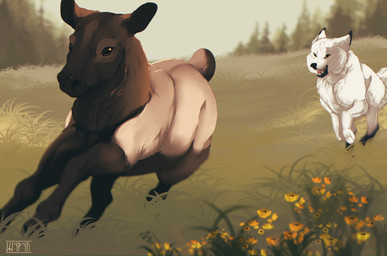 ambiguous_gender black_body black_fur black_nose brown_body brown_eyes brown_fur duo feral flower forest fur grass multicolored_body multicolored_fur open_mouth outside plant predator/prey quadruped running short_tail tail text tree two_tone_body two_tone_fur white_body white_fur yellow_eyes shyryp wolfquest canid canine canis cervine deer elk mammal wolf absurd_res artist_name digital_media_(artwork) hi_res