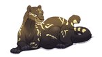 belly claws dark_body dark_fur feral fluffy fluffy_tail footprint fur gold_stripes green_eyes male pawpads pawprint predator/prey satisfaction smile solo spots tail vore blauehexe hexentatze usiku_(nines) felid feline mammal 16:9 4k absurd_res hi_res widescreen