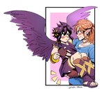 black_hair blonde_hair blush carrying_another clothing crossover_ship duo feathered_wings feathers hair humanoid_on_humanoid humanoid_pointy_ears light_body light_skin male male/male not_furry pointy_ears simple_background wings soft_sizzle kid_icarus nintendo the_legend_of_zelda dark_pit link angel elf humanoid hylian winged_humanoid crossover hi_res signature