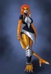 5_toes anthro armor big_breasts biped black_lips breasts claws clothing cybernetics dress feet female fist front_view gradient_background grey_background hair lips looking_at_viewer machine markings metal non-mammal_breasts orange_body orange_hair pose sharp_teeth simple_background solo standing tail teeth toes yellow_eyes dclzexon corruption_of_champions minerva_(coc) cyborg fish hybrid marine shark 2013 absurd_res hi_res