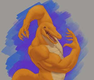 abstract_background anthro brown_eyes contiguous_snout male male_anthro musclegut muscular muscular_anthro muscular_male narrowed_eyes nude open_mouth orange_body overweight overweight_anthro overweight_male pecs red_tongue sharp_teeth side_view solo tan_body teeth tongue aduran crocodile crocodilian reptile scalie absurd_res hi_res