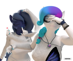 anthro blue_body blue_hair blue_nail_polish blue_nails bracelet braided_hair braided_ponytail clothing colored_nails duo female female/female gradient_hair hair heart_symbol horn jewelry motion_blur nails necklace ponytail purple_hair anthroponiessfm hasbro my_little_pony mythology aurora_starling fan_character midnight_music earth_pony equid equine horse mammal mythological_creature mythological_equine pony unicorn 3d_(artwork) 6:5 absurd_res blender_(artwork) digital_media_(artwork) hi_res