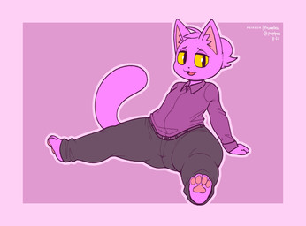 anthro barefoot biped black_bottomwear black_clothing black_pants bottomwear clothing feet femboy hair inner_ear_fluff male open_mouth pants pawpads pink_pawpads ponytail pupils purple_body purple_hair purple_inner_ear_fluff sitting slit_pupils solo teeth thick_thighs tongue tuft wide_hipped_male wide_hips frumples frumples_(character) domestic_cat felid feline felis mammal 2021 digital_media_(artwork)