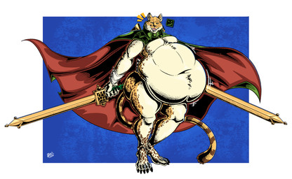 anthro belly big_belly cape clothing fur halftone_shading holding_melee_weapon holding_object holding_weapon looking_at_viewer male melee_weapon moobs open_mouth overweight overweight_anthro overweight_male simple_background smile smirk smug solo standing sword tail teeth thick_thighs weapon awoogasm voxelcubed atlus megami_tensei sega ose_(megami_tensei) demon felid leopard mammal pantherine absurd_res digital_media_(artwork) hi_res