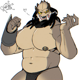 big_muscles big_pecs bottomwear clothing dreadlocks heart_symbol loincloth looking_at_viewer male muscular muscular_male nipples pecs solo thick_thighs king_slabu predator_(franchise) alien humanoid yautja 1:1 hi_res
