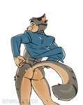 absurd_res anthro bottomless butt clothed clothing domestic_cat felid feline felis hi_res lackadaisy male mammal pose rocky_rickaby ryokusetteh simple_background smile solo suit tail