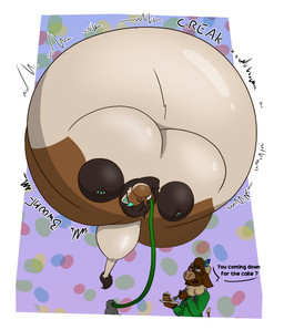 belly belly_expansion big_belly birthday birthday_cake body_inflation border cake clothing creaking dessert dialogue expansion food glistening glistening_belly hat headgear headwear hose hose_in_mouth hose_inflation huge_belly hyper hyper_belly hyper_inflation inflation party_hat purple_background simple_background text white_border tenebrex18 damian_(empgrem) percy_(tenebrex18) bovid bovine cattle chimera mammal 2022 english_text hi_res