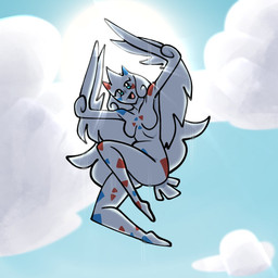 blue_eyes blue_markings breasts cloud eyelashes feathers featureless_breasts female front_view hair long_hair looking_at_viewer low-angle_view markings open_mouth open_smile red_markings sky small_breasts smile solo sun tail tail_feathers thick_thighs white_hair wide_hips winged_arms wings gallo_wazavi nintendo pokemon generation_4_pokemon humanoid pokemon_(species) pokemon_humanoid togekiss winged_humanoid 1:1 hi_res