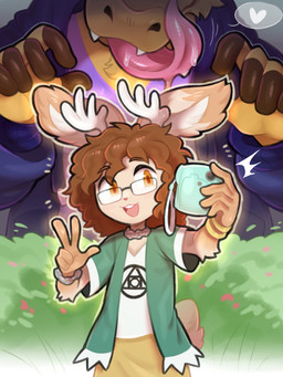 anthro antlers brown_hair clothed clothing duo female green_clothing green_jacket green_topwear hair horn imminent_vore jacket kemono male open_mouth open_smile selfie smile topwear tianhua bear bovid bovine cattle hybrid jackalope lagomorph mammal 2025 3:4 hi_res