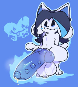 :3 balls blue_blush blush bodily_fluids body_hair braided_hair button_nose chest_hair genital_fluids genitals glistening glistening_genitalia glistening_penis hair happy knot knotted_penis male musk musk_cloud penis precum simple_background solo spiked_penis spikes spikes_(anatomy) sweat sweaty_balls sweaty_genitalia tail thick_thighs vein veiny_penis poundfulpanda undertale undertale_(series) tem temmie_(species)