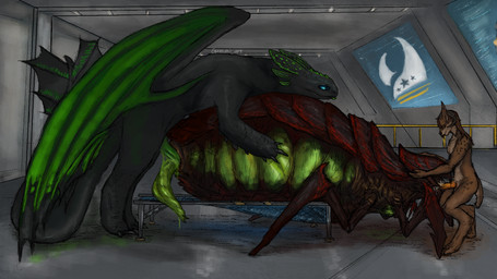 animal_genitalia anthro anthro_on_feral arthropod_abdomen arthropod_abdomen_genitalia arthropod_abdomen_penetration arthropod_abdomen_penis bestiality cloaca cloacal cloacal_penetration cloacal_penis fellatio feral feral_on_feral from_behind_position genitals group holding_partner holding_partner's_head inside light male male/male oral penetration penile penis screen sex size_difference spitroast stretcher trio unusual_anatomy unusual_genitalia gummi_art dreamworks european_mythology helldivers how_to_train_your_dragon mythology alien arthropod dragon felid feline fury_(httyd) insect lynx mammal mythological_creature mythological_scalie night_fury rupture_spewer scalie terminid western_dragon 16:9 digital_drawing_(artwork) digital_media_(artwork) digital_painting_(artwork) hi_res painting_(artwork) widescreen