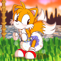 anthro blush clean_diaper clothed clothing diaper fart footwear male outside shoes smile solo standing sunset wearing_diaper young young_male tenerius sega sonic_the_hedgehog_(series) miles_prower canid canine fox mammal 1:1 hi_res