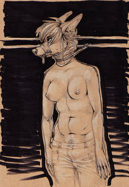 anthro bottomwear bound breasts chalk clothed clothing denim denim_bottomwear denim_clothing ears_back female jeans leash looking_away muzzle_(object) muzzled nipples pants pen pivoted_ears solo submissive submissive_female topless grapeyguts canid canine mammal marker_(artwork) mixed_media traditional_media_(artwork)