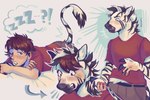 5_fingers abstract_background anthro basic_sequence black_body black_fur black_hair black_nose black_stripes blue_eyes blush bottomwear brown_bottomwear brown_clothing brown_hair clothed clothing collar emanata eyebrows fangs fingers fully_clothed fur grey_body hair holding_tail hooves human_to_anthro inner_ear_fluff licking licking_lips looking_at_viewer looking_down lying male markings mid_transformation multicolored_body multicolored_fur multicolored_hair on_front open_mouth pants pecs raised_tail red_clothing red_shirt red_topwear shirt shocked short_hair simple_background sleeping snout solo species_transformation standing striped_body striped_fur striped_markings striped_tail stripes surprise surprised_expression t-shirt tail tail_grab tail_markings tail_pull tail_tuft teeth tongue tongue_out topwear transformation transformation_sequence tuft two_tone_body two_tone_fur two_tone_hair two_tone_tail underwear white_background white_body white_fur white_hair white_tail mossrats dashing equid equine horse human mammal zebra digital_media_(artwork) sequence