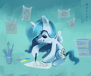 alternate_color blue_eyes blue_hair brush cutie_mark feathered_wings feathers female feral green_background hair horn paint paintbrush painting_(object) paper quadruped simple_background smile solo sun tail tape white_body white_feathers wings young young_feral holivi friendship_is_magic hasbro my_little_pony mythology princess_celestia_(mlp) equid equine mammal mythological_creature mythological_equine winged_unicorn 2012 absurd_res hi_res
