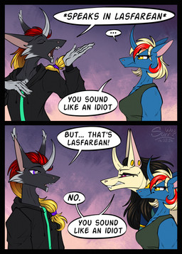 anthro dialogue equis_universe fangs female fluffy fur horn language makeup male open_mouth roxanne_taaner smile teeth text sunny_way alirfesta_felastis steven_saidon ki'rinaes comic english_text hi_res one_page_comic