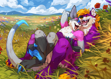 anthro anthro_on_anthro black_nose blonde_hair blue_claws blue_eyes blue_hair blue_sky claws cloud dipstick_tail duo facial_piercing fangs fur grey_body grey_fur grey_inner_ear_fluff hair happy hug hugging_another hugging_from_behind inner_ear_fluff lying male male/male markings meadow narrowed_eyes nose_piercing nose_ring notched_ear nude on_back open_mouth open_smile outside piercing pink_body pink_fur pink_tongue purple_body purple_fur ring_piercing septum_piercing septum_ring sky smile tail tail_markings teeth tongue tuft white_body white_fur white_inner_ear_fluff yellow_eyes corzh77 hyena kangaroo macropod mammal marsupial hi_res