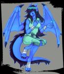 anthro bandage black_hair blue_body blue_skin breasts claws clothing female flower green_eyes grey_background hair long_hair looking_at_viewer membrane_(anatomy) membranous_wings non-mammal_breasts petals plant simple_background smile solo tail toe_claws wings ookami-kun third-party_edit mythology dragon mythological_creature mythological_scalie scalie 2013 hi_res