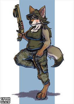 4_toes 5_fingers anthro arm_markings barefoot black_nose bottomwear breasts brown_body brown_fur brown_hair camo camo_bottomwear camo_clothing camo_pants camo_print cargo_pants claws clothed clothing digitigrade feet female fingers flame_markings foot_markings fur green_bottomwear green_clothing green_pants green_shirt green_tank_top green_topwear gun hair hindpaw holding_gun holding_object holding_ranged_weapon holding_shotgun holding_weapon humanoid_hands leg_markings long_hair looking_at_viewer markings on_one_leg pants pattern_bottomwear pattern_clothing pattern_pants paws pose ranged_weapon shirt shotgun smile smirk solo standing tank_top toe_claws toes topwear weapon awkward_awd kateri canid canine canis coyote mammal 2018 digital_media_(artwork) hi_res pinup signature