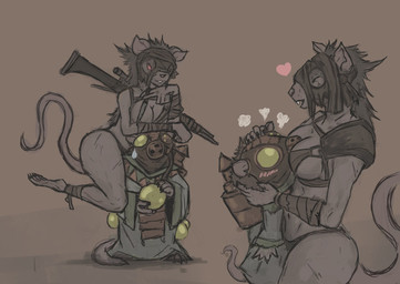 ambiguous_gender anthro bedroom_eyes blush bodily_fluids breasts clothing curvy_figure duo eyes_closed female fur grey_body grey_fur gun heart_symbol mask medium_breasts narrowed_eyes ranged_weapon red_eyes rifle robe seductive simple_background sweat sweatdrop weapon wrappings izrez warhammer_(franchise) warhammer_fantasy hoots_(izrez) shank_(izrez) mammal murid murine rat rodent skaven 2020 hi_res